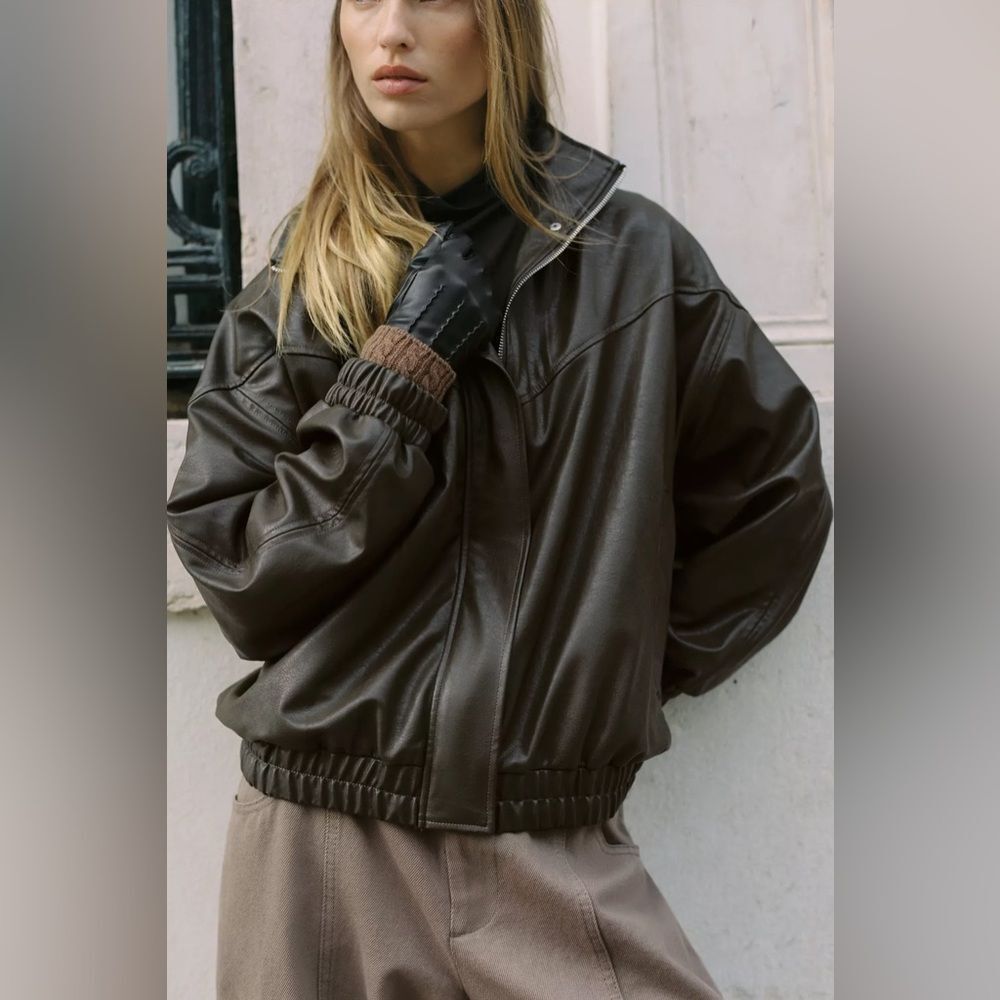 ZARA FAUX LEATHER HIGH COLLAR BOMBER JACKET - Picture 3 of 14